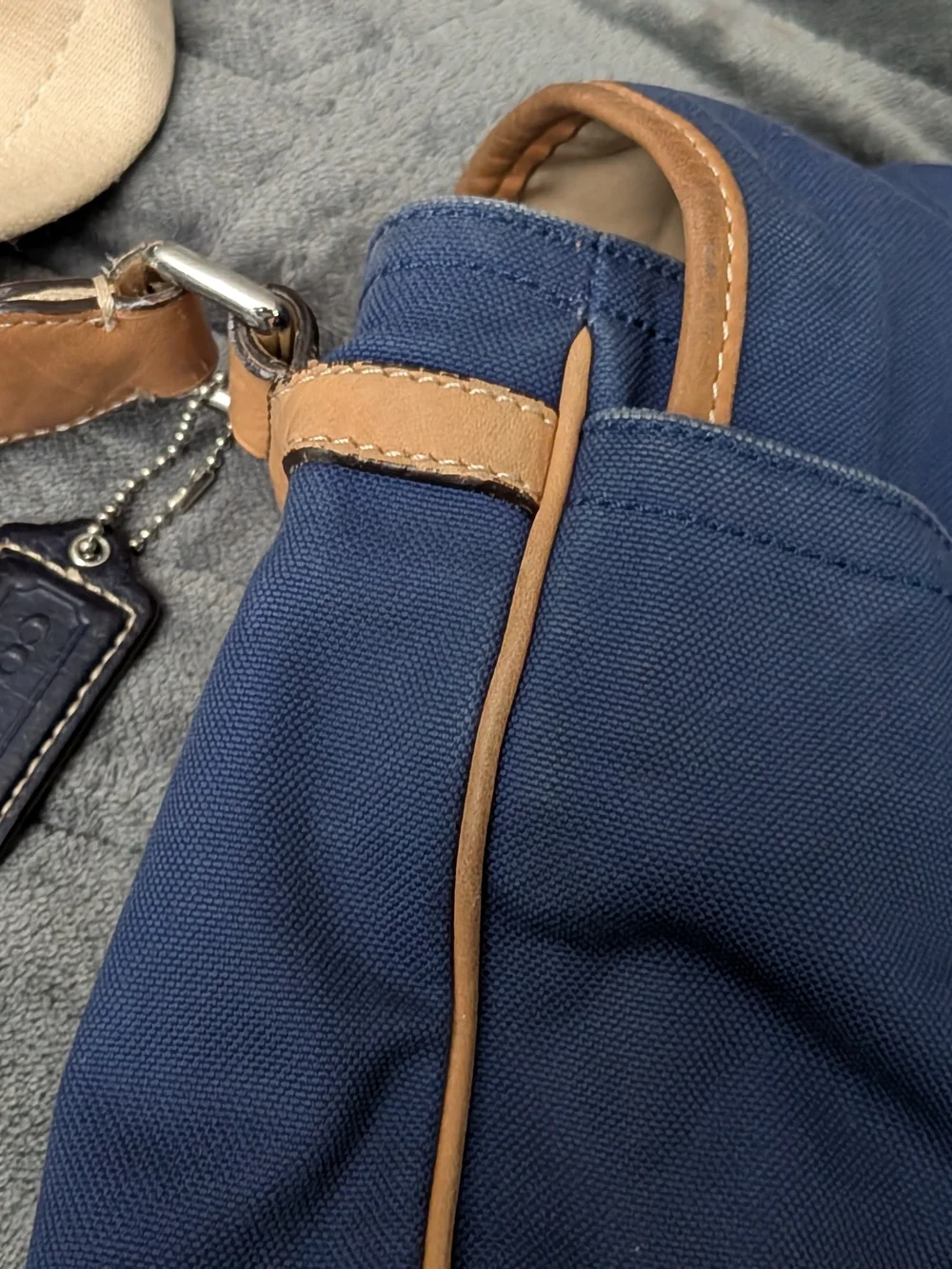 Coach Canvas Messenger Bag in Blue with Tan Leather Trim - vintage